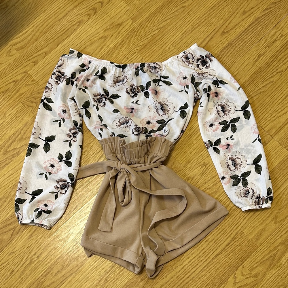 Streetwear Society Floral Off-Shoulder Jumpsuit in White and Tan